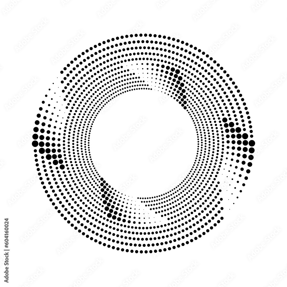 Black halftone dotted lines in round form. Geometric art. Design element for border frame, round logo, tattoo, sign, symbol, badge, emblem, social media, print, template, pattern, backdrop