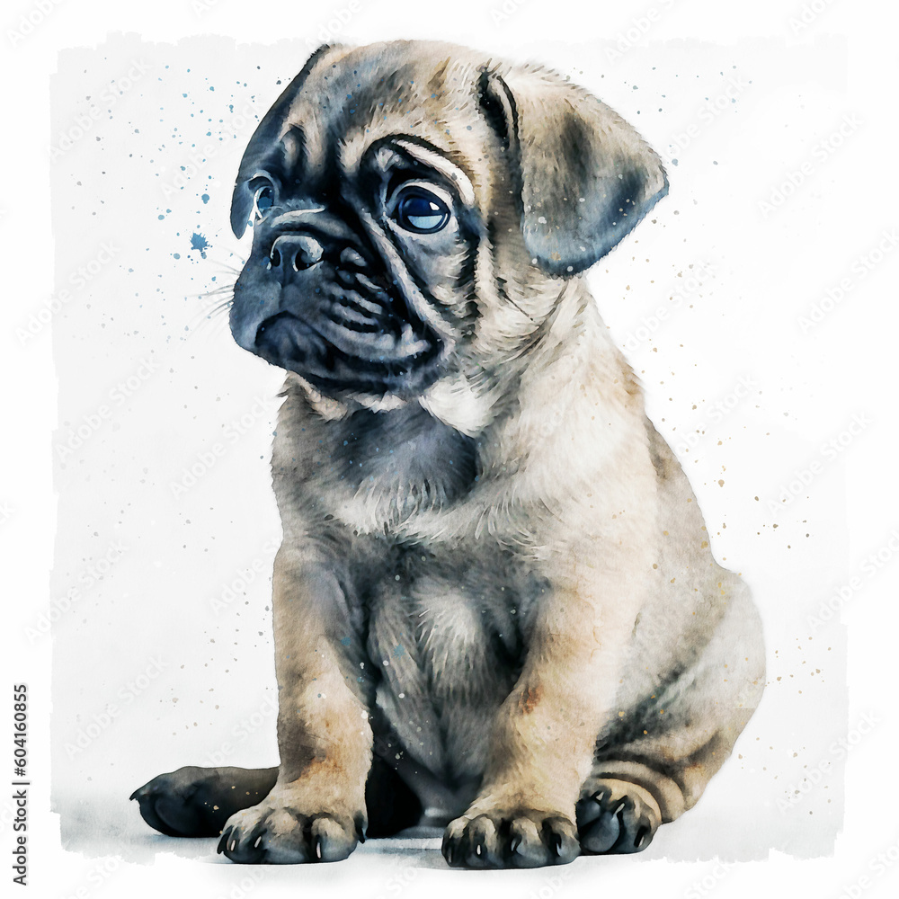 Obraz premium Watercolor dog cute pug puppy sitting illustration