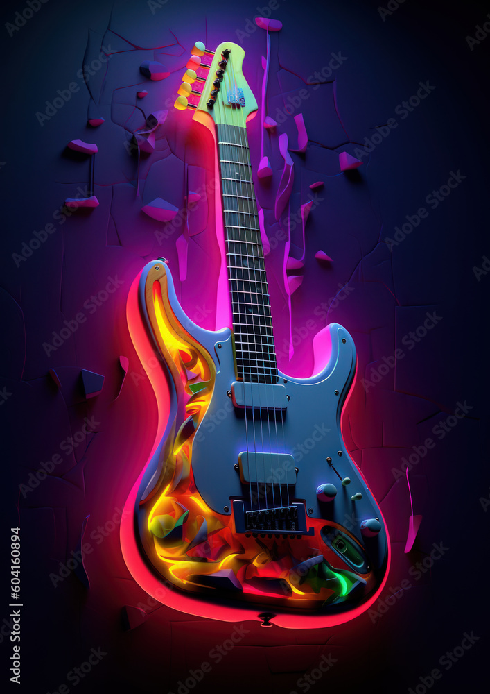 Obraz premium Electric guitar with neon light in cyberpunk style by Generative AI
