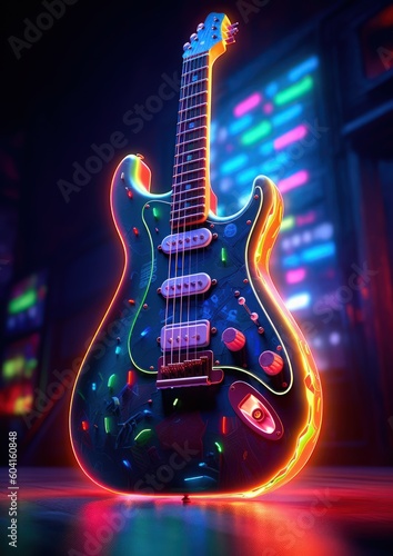 Electric guitar with neon light in cyberpunk style by Generative AI