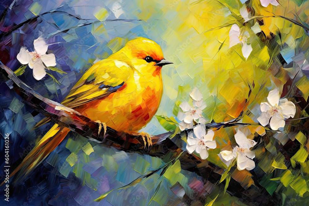 Yellow Bird Sitting on Spring Branch Painting. AI generative. Canvas Texture. - obrazy, fototapety, plakaty 