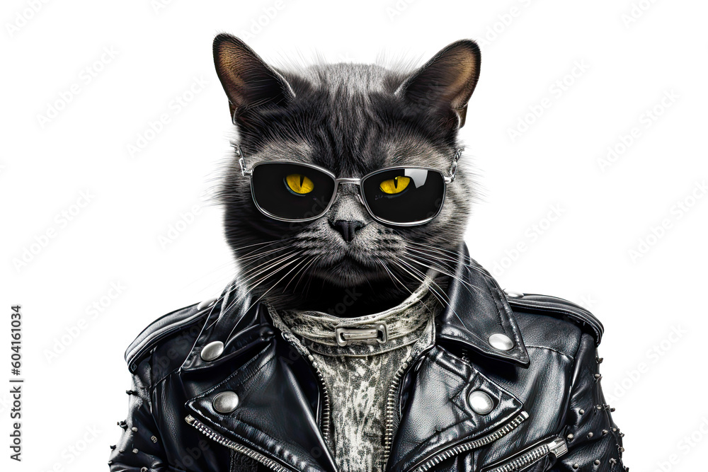 Rocker Punk Cat in Leather Outfit and Sunglasses. AI generative. Isolated on White Background. Rocker Punk Cat in Leather Outfit and Sunglasses. AI generative. Isolated on White Background.