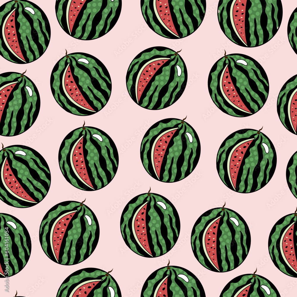 Seamless pattern with watermelons on a pink background. Summer food concept illustration. Cartoon style Seamless pattern with watermelons on a pink background. Summer food concept illustration. Cartoon style