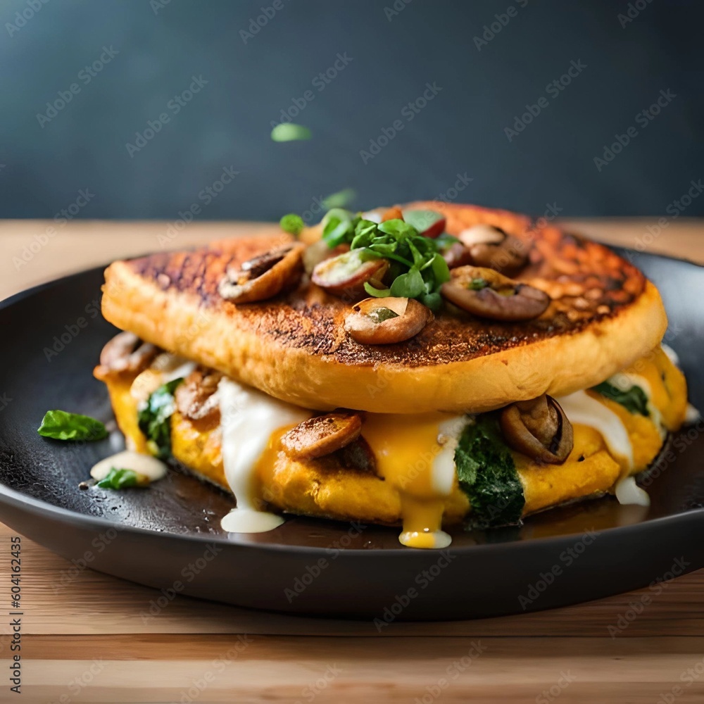 A delicious omelet cooked to perfection, with a golden-brown exterior and a fluffy interior A delicious omelet cooked to perfection, with a golden-brown exterior and a fluffy interior