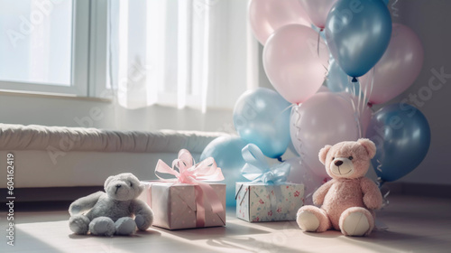 Babyshower Party Event Balloons  Present Gift Its a Girl Boy Pink Blue Teddy Bear AI Generated