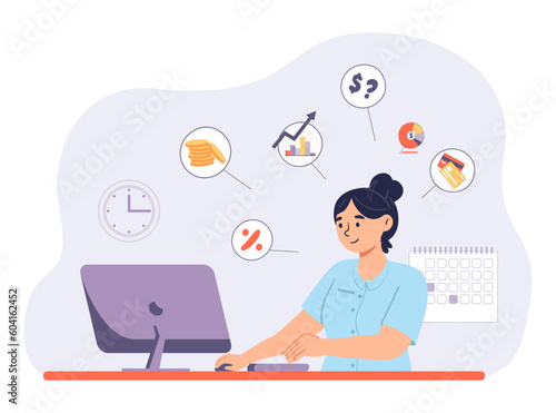 Financial management concept. Woman sitting at laptop against background of calendar. Accountant calculates expenses and incomes, plans budget. Consultant and analyst. Cartoon flat vector illustration