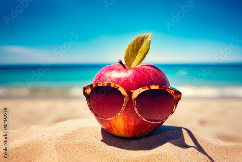 Apple with sunglasses on the beach, generative ai