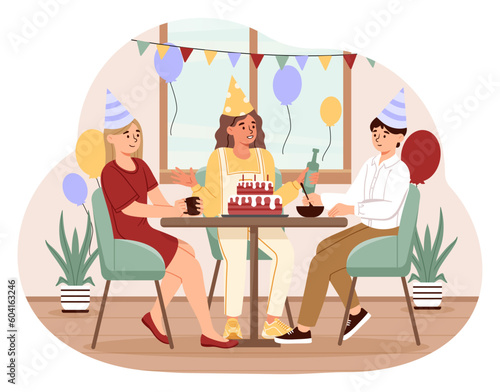 Teenagers at party indoor. Little boy and girls sit at table and drink tea with dessert. Birthday, holiday, festival and event. Young friends celebrate together. Cartoon flat vector illustration