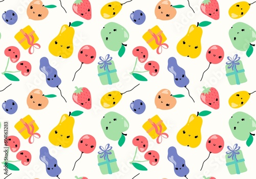 Summer cartoon fruit seamless apples and cherry and peaches and plums and pears pattern for birthday gifts