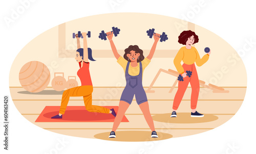 People do exercises. Women with dumbbells and on mat. Girls on background of fitball and benches for abs. Active lifestyle and sports. Lose weight and build muscle. Cartoon flat vector illustration