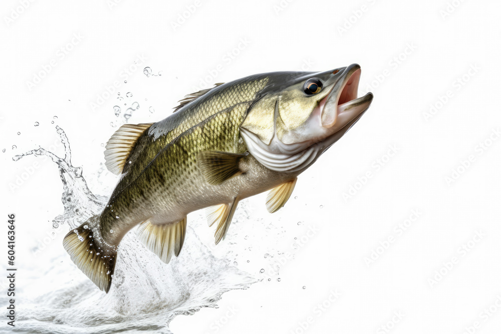 Largemouth Bass Jumping Out of Water Isolated created with Generative AI Technology, ai, generative