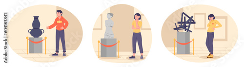 People in art gallery set. Collection of scenes with man and women near works of art. Vase, ancient Greek bust and abstraction. Cartoon flat vector illustrations isolated on white background