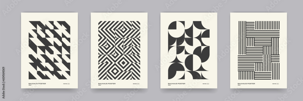 Retro black and white geometric pattern background, vector abstract circle, triangle and square lines art. Trendy bauhaus pattern backgrounds op-art set