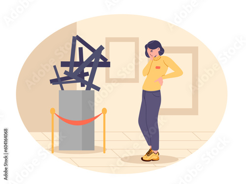 Woman in art gallery. Young girl stands and looks at abstraction. Leisure and cultural rest. Exhibition and museum visitor near modern exhibit. Cartoon flat vector illustration