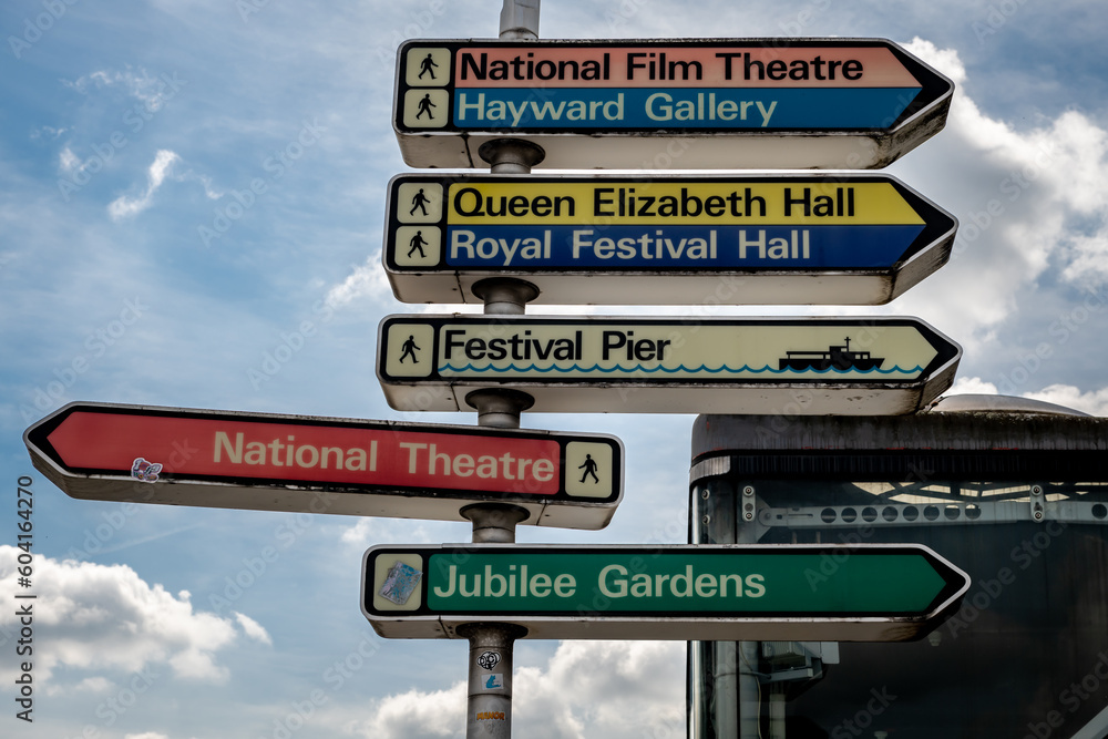 Fototapeta premium Direction signs to the facilities in the London Southbank Centre. UK.