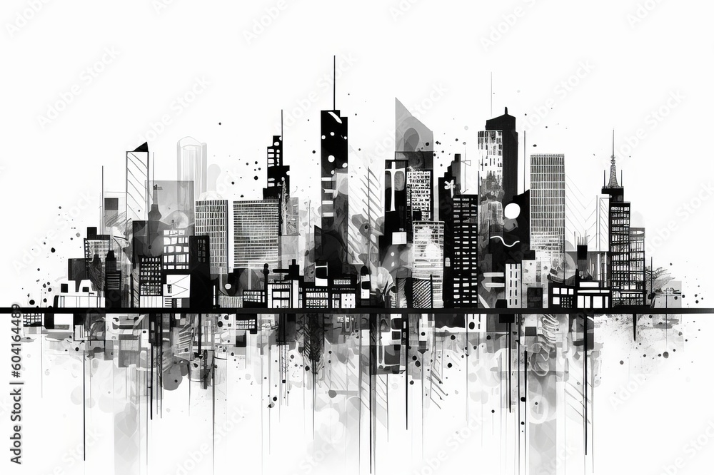 白黒の街の風景イラスト,Generative AI AI画像