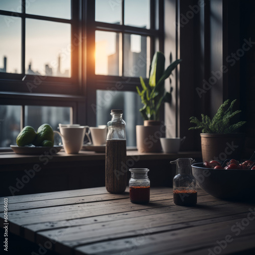 Wooden table on blurred kitchen window background