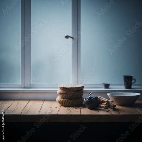 Wooden table on blurred kitchen window background