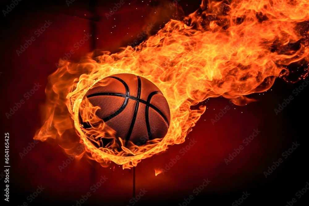 Flaming basketball going into a basketball net. Generative AI