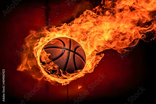 Flaming basketball going into a basketball net. Generative AI © Yevheniiya