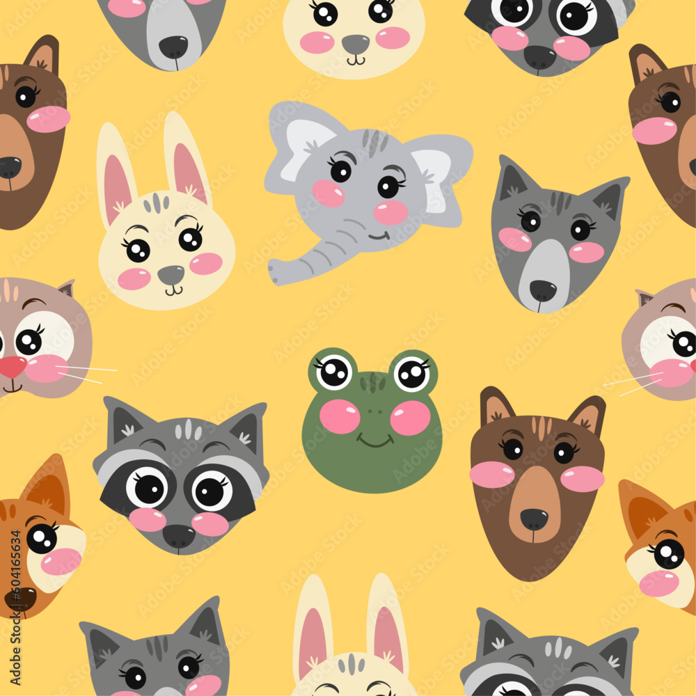 Cute yellow seamless pattern with forest kawaii animals for childrens