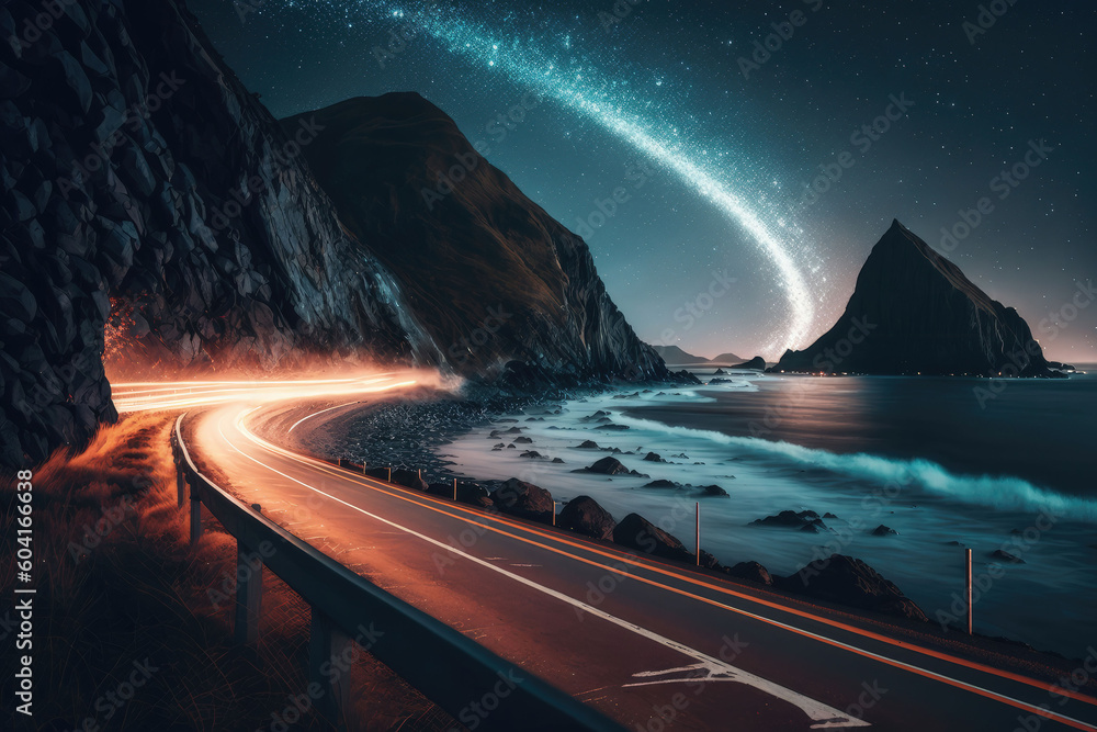 Against the sea at the foot of the mountains at night the road trailing car tail lights under a beautiful starry sky, AI generated - obrazy, fototapety, plakaty 