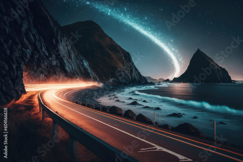 Fotografia, Obraz Against the sea at the foot of the mountains at night the road trailing car tail