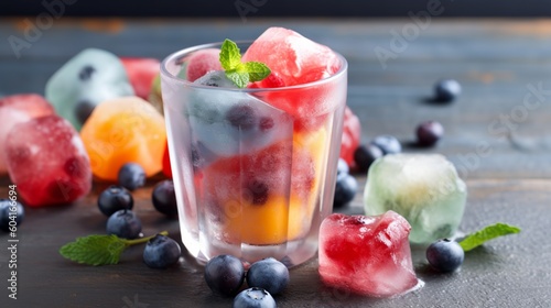 fruit, ice, cold, orange, food, juice, fresh, citrus, cocktail, healthy, lemon, apple, drink, fruits, white, isolated, glass, strawberry, lime, sweet, kiwi, diet, tropical, green, generative ai