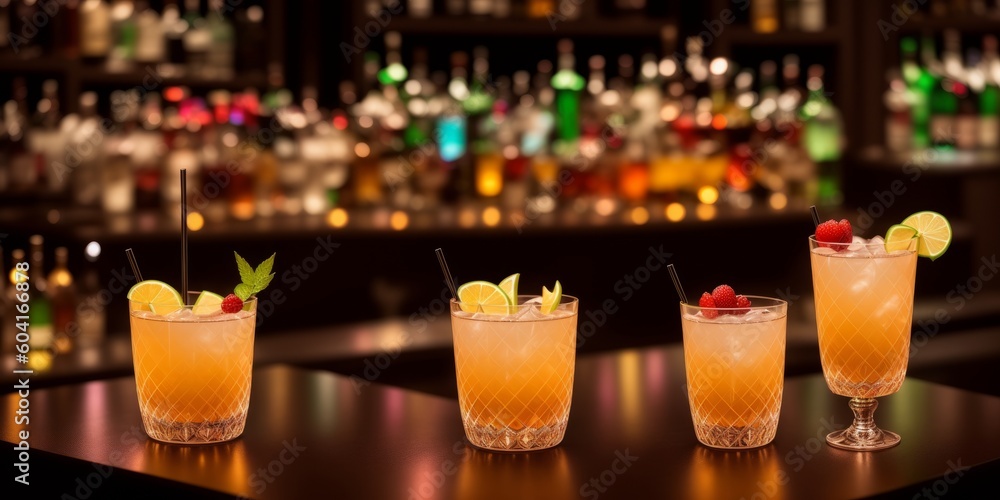 Several glasses of famous cocktail Martini, shot at a bar with dark toned foggy background and disco lights. Club drink concept. Selective focus. Generative AI Several glasses of famous cocktail Martini, shot at a bar with dark toned foggy background and disco lights. Club drink concept. Selective focus. Generative AI