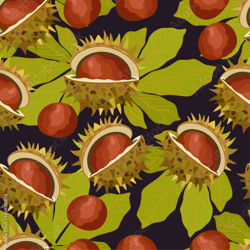 Chestnut pattern. Vector ornament on dark background.