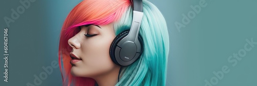  a woman with colored hair listening to music while wearing headphones, in the style of conceptual minimalism, light turquoise and pink. World Music Day banner created with generative ai
