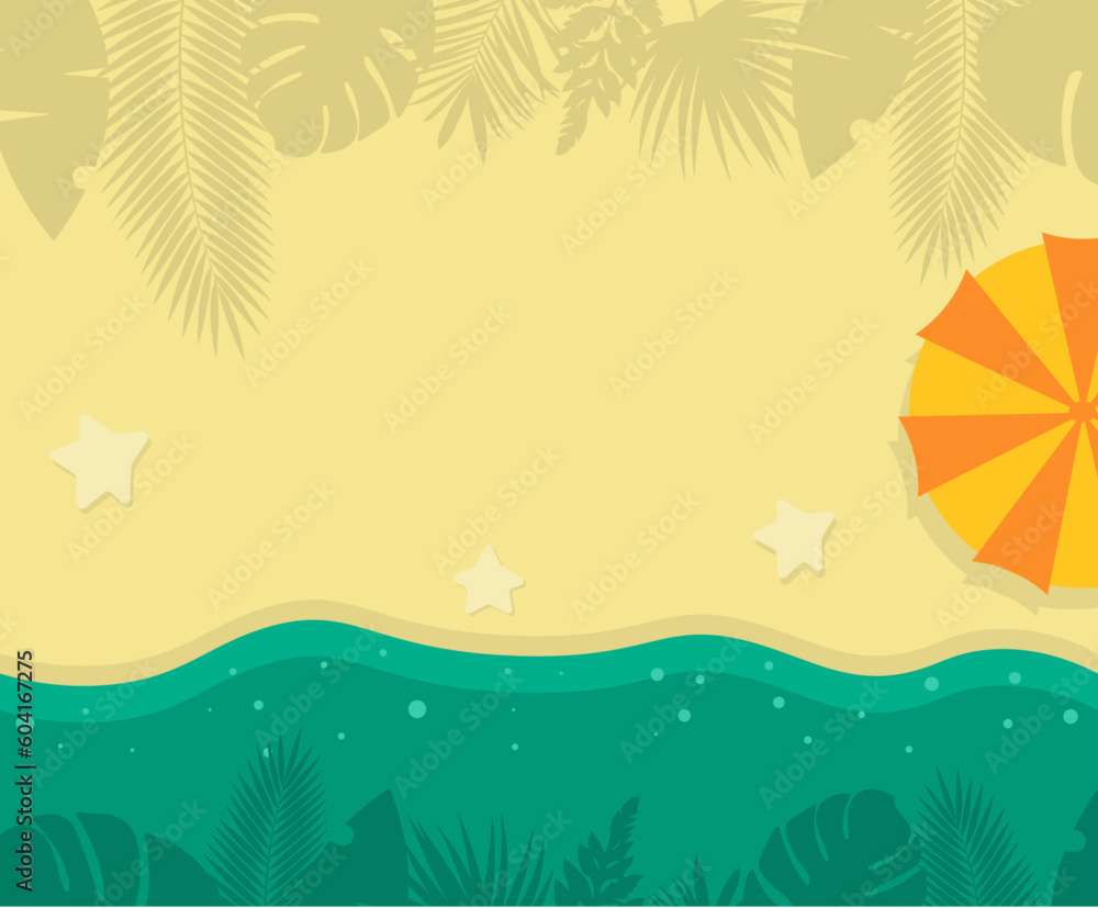 Summer beach background with tropical leaves, sea stars and umbrella.