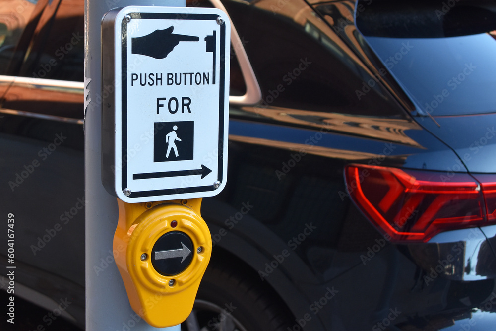 Traffic light switch button at a pedestrian crossing in Manhattan Stock