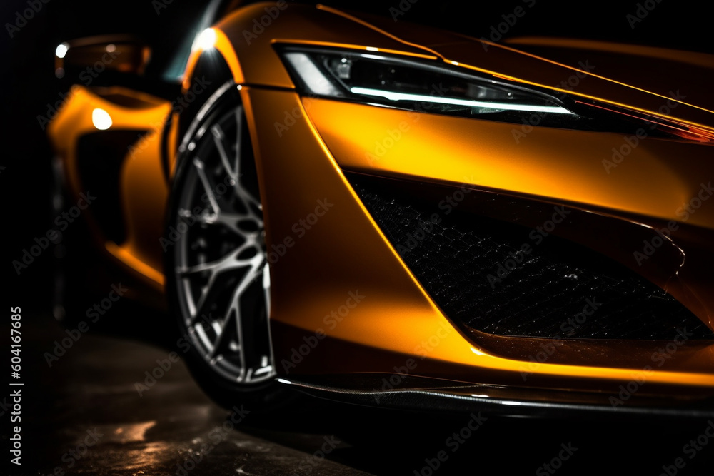 yellow generic sports car in a dark studio background illustrated with generative AI yellow generic sports car in a dark studio background illustrated with generative AI