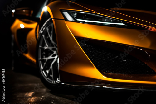 yellow generic sports car in a dark studio background illustrated with generative AI