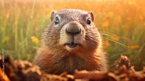 Fotografiet Close up of a groundhog. Generative AI