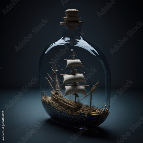 The bottle has a ship in it and a sea