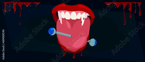 Vector banner with a bright image of female lips with vampire teeth and a protruding tongue in the blood. Pierced tongue, halloween banner
