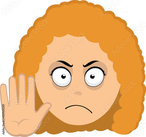 vector illustration face of a cartoon redhead woman making a stop gesture with her hand