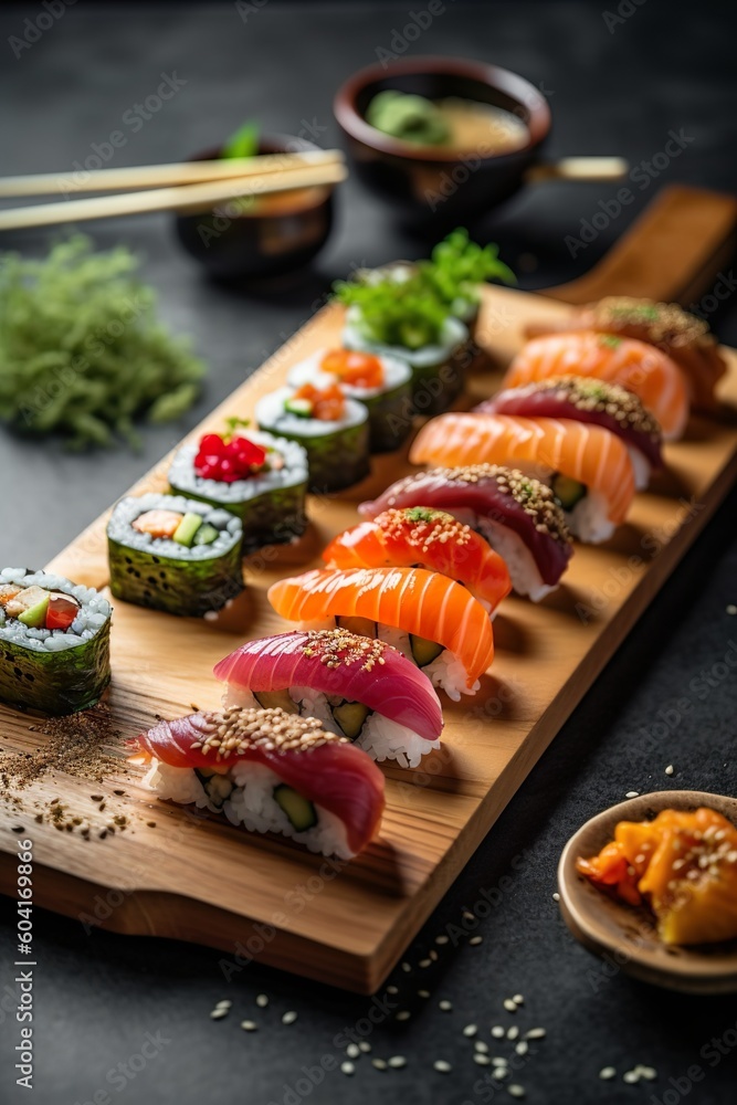 Sushi rolls neatly presented on the board Sushi rolls neatly presented on the board