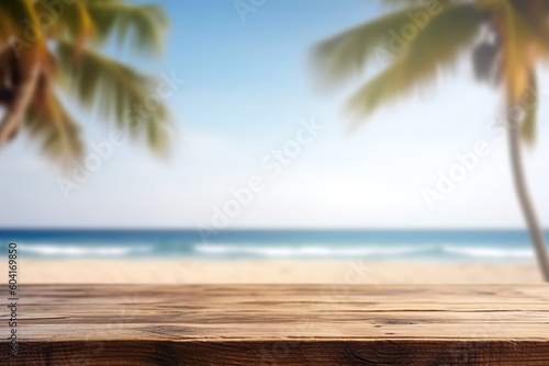 Two palm trees on the beach in out-of-focus background with empty table in fron  IA generativa