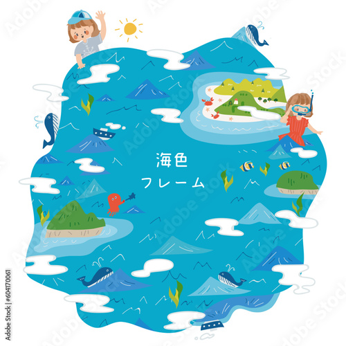 雲がもくもくの海と島のわくわくイラスト