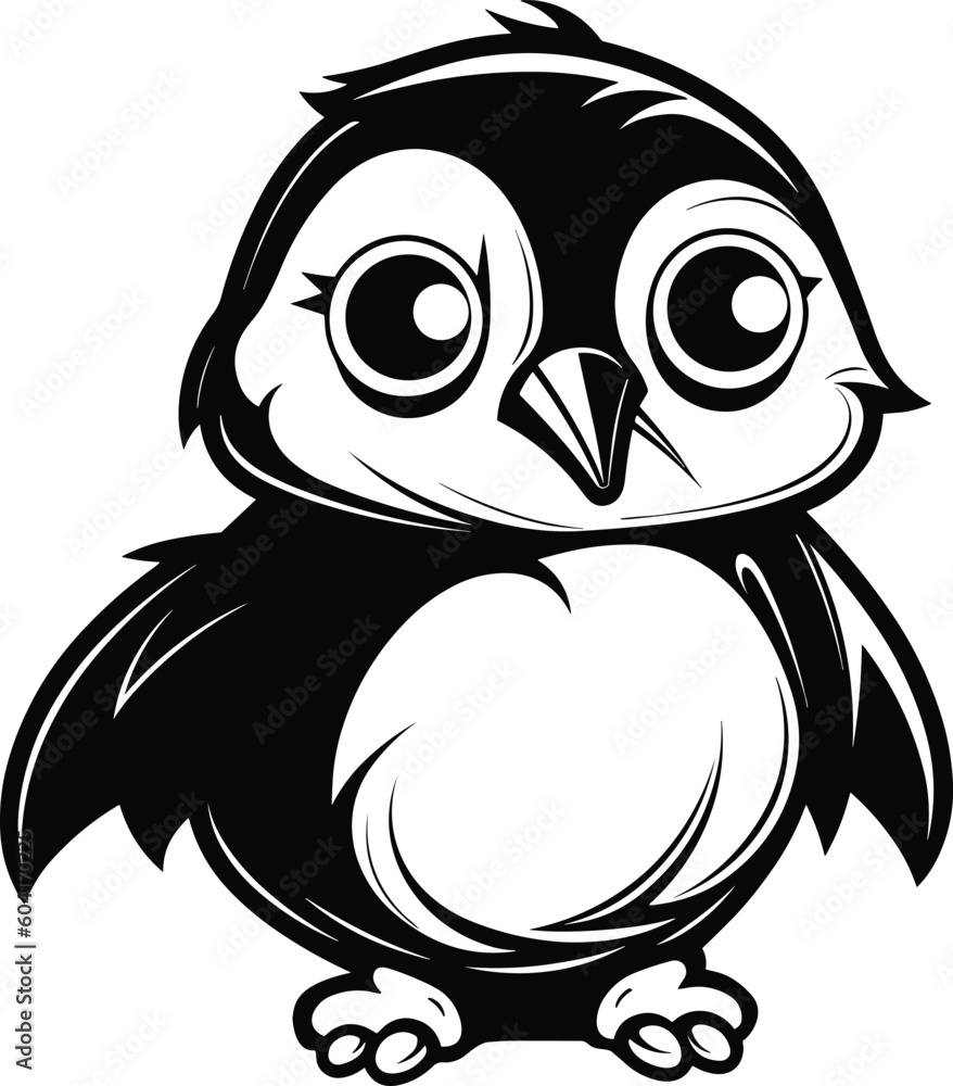 Cute baby polar penguin. black and white vector illustration isolated on white background,  mascot character vector illustration