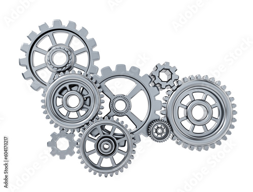 Gears in motion representing teamwork and cooperation on transparent background. 3D illustration photo