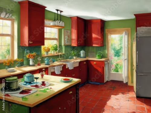 A fantasy crayon painting of a kitchen, volume three created with generative ai
