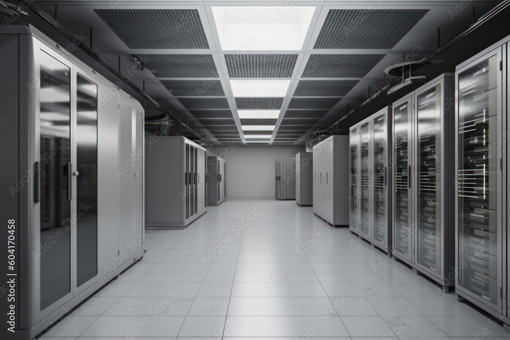 Rows of server racks in a data center hallway, highlighting the importance of technology infrastructure for businesses. AI Generative.
