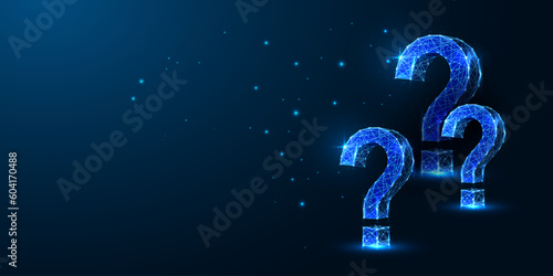 Abstract futuristic dark blue background banner with question marks in glowing low polygonal style. 