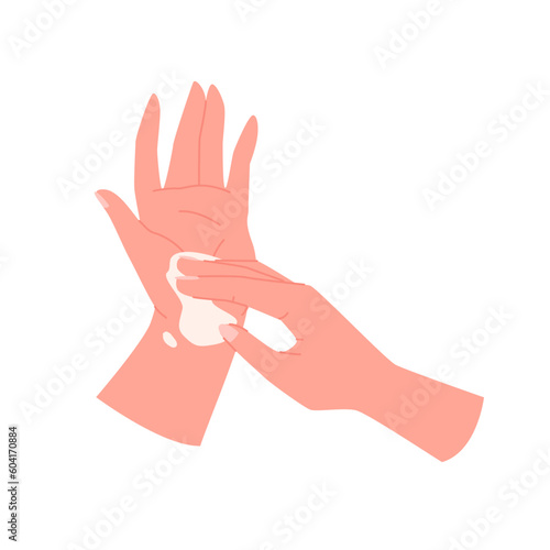 Human hands apply cream on dry skin infographic vector illustration. Cartoon isolated arms treat dryness and dehydration of body with moisturizer lotion, treatment and healthy protection of skin