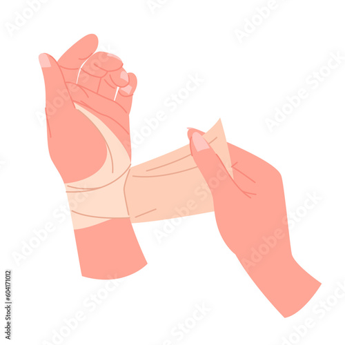 Hands apply elastic bandage on arm infographic vector illustration. Cartoon isolated arms wrap bandaid over broken injured wrist to fix and heal pain of trauma after injury or accident damage