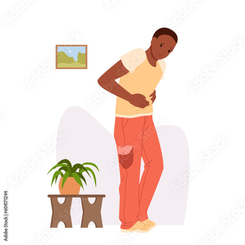 Stomach pain and discomfort in man vector illustration. Cartoon isolated young unhappy person standing holding belly with hands, character suffering from stomachache, nausea, diarrhea or constipation